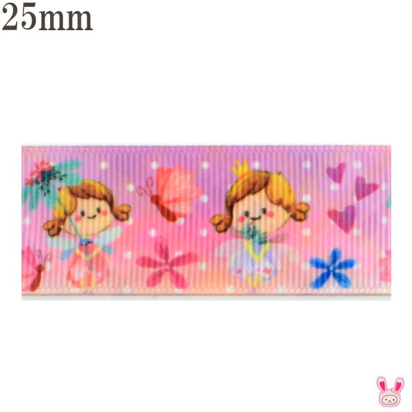 25mm両面プリントリボンフェアリーとピンクのチェック柄リボン2m「在庫限り」