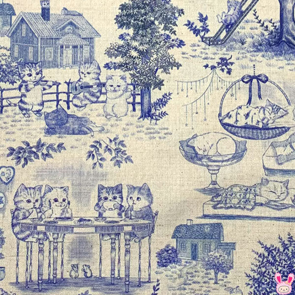 22fabricキャットガーデンAブルー×キナリ系綿麻シーチング生地にゃんにゃんファブリック(273)(30cm以上10cm単位切り売り)