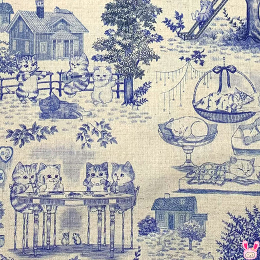 22fabricキャットガーデンAブルー×キナリ系綿麻シーチング生地にゃんにゃんファブリック(273)(30cm以上10cm単位切り売り)