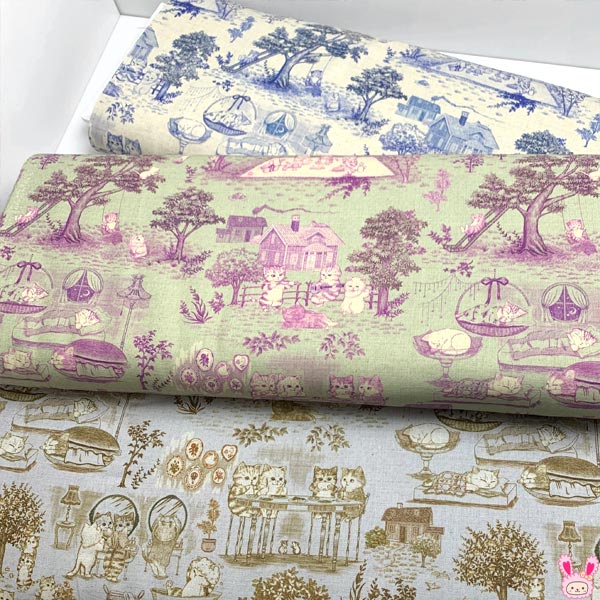 22fabricキャットガーデンAブルー×キナリ系綿麻シーチング生地にゃんにゃんファブリック(273)(30cm以上10cm単位切り売り)