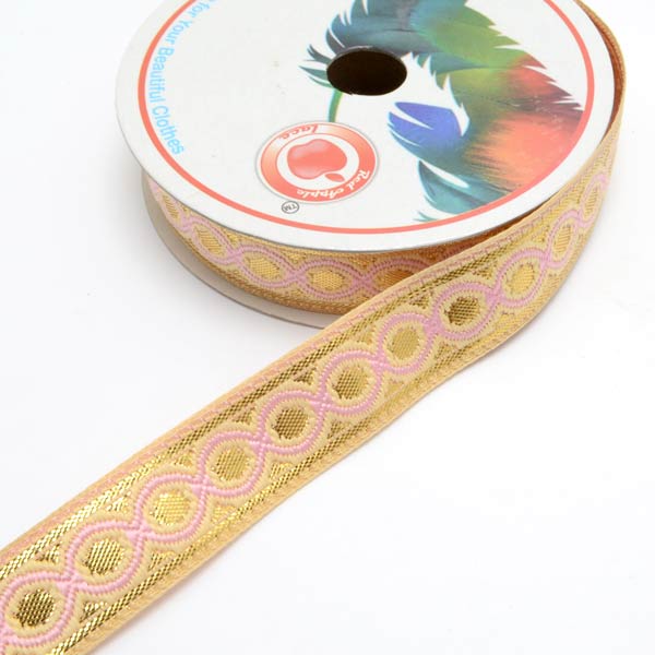 インド刺繍リボン金とピンクのチェーン風刺繍リボン幅22mm1m単位切り売り「在庫限り」
