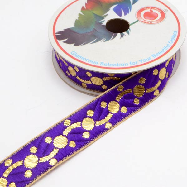 インド刺繍リボン紫と金のドットチェーン刺繍リボン幅22mm1m単位切り売り「在庫限り」