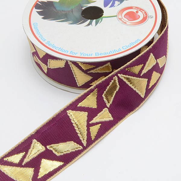 インド刺繍リボン小豆色と金の破片風刺繍リボン幅32mm1m単位切り売り「在庫限り」