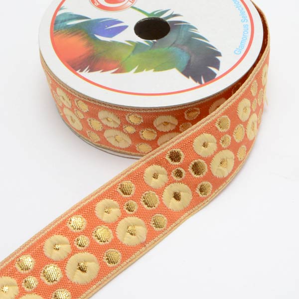 インド刺繍リボン オレンジと金のフラワードット刺繍リボン 幅32mm 1m