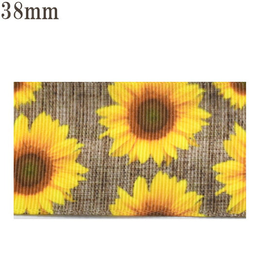 プリントリボンリネンと夏のヒマワリのリボン幅38mm1m単位切り売り(2m以上)
