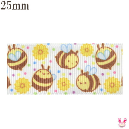 25mmプリントリボンミツバチとフラワーリボン2m★