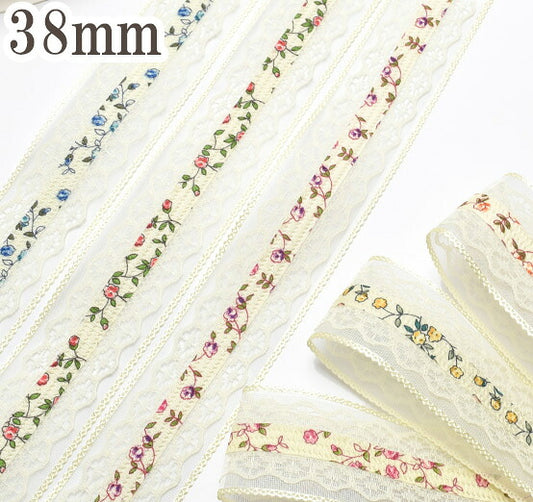 ダブルレースの花柄リボン幅38mm1m単位切り売り「在庫限り」