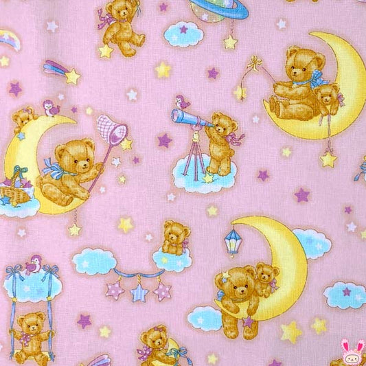 ベアと素敵な夜空の旅Bピンク系シーチング生地AP25405-2コスモ（3）(30cm以上10cm単位切り売り)「在庫限り」