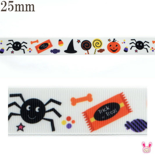 25mmプリントリボンハロウィンお菓子とクモとパンプキンの白いリボン2m「在庫限り」