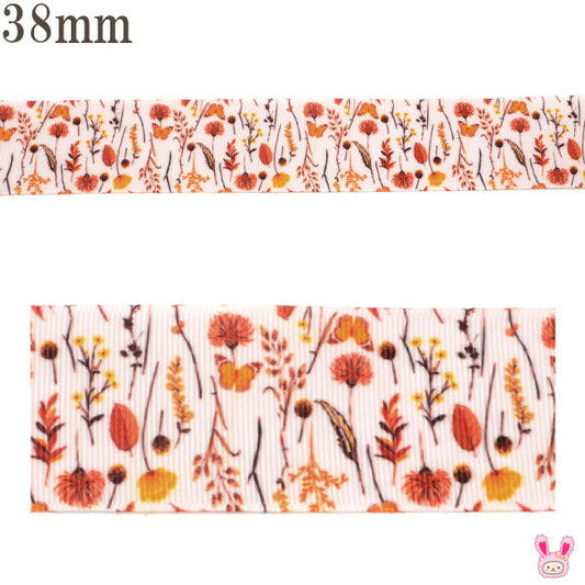 38mmプリントリボン秋色のお花と小枝リボン2m「在庫限り」
