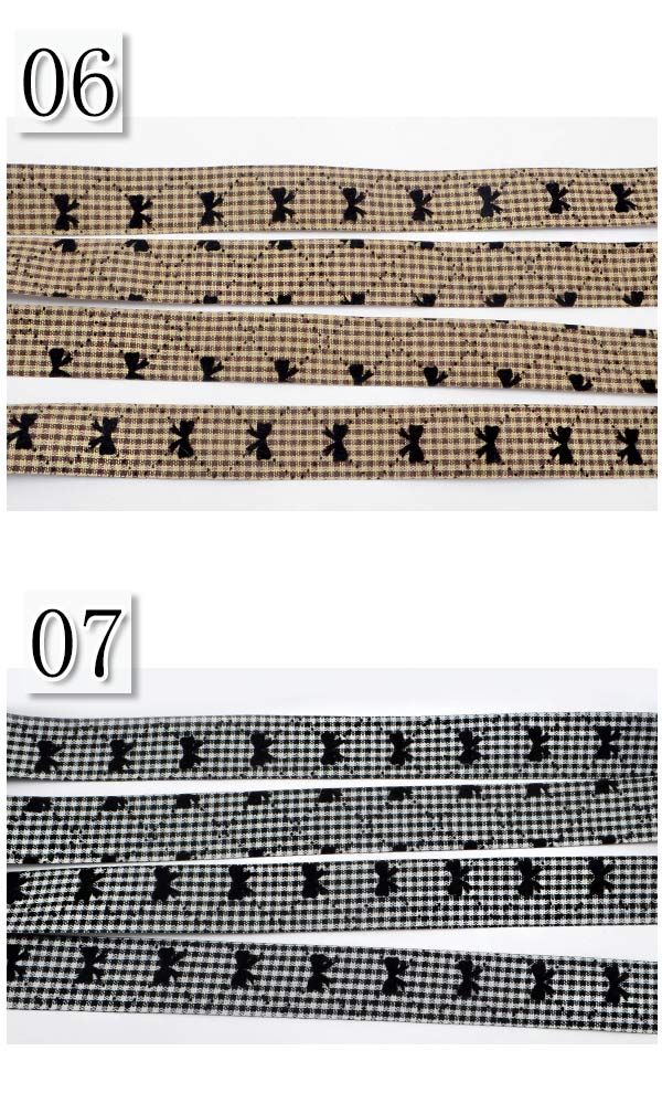 フロッキーとチェックのファブリックリボン幅25mm1m単位切り売り