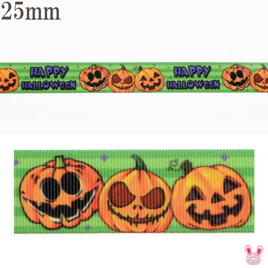 25mmプリントリボンハロウィン緑のボーダーとかぼちゃと文字リボン2m「在庫限り」