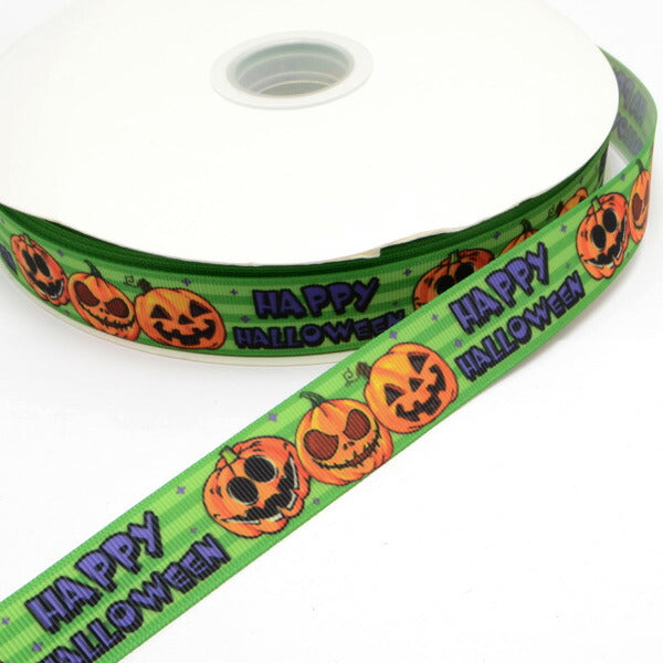 25mmプリントリボンハロウィン緑のボーダーとかぼちゃと文字リボン2m「在庫限り」