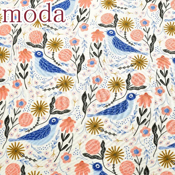 ModaBirdsongハード・ソング揺れる花と小鳥の愛の歌11ブルー系10cm単位切り売りモダ48352シーチング生地(270)「在庫限り」