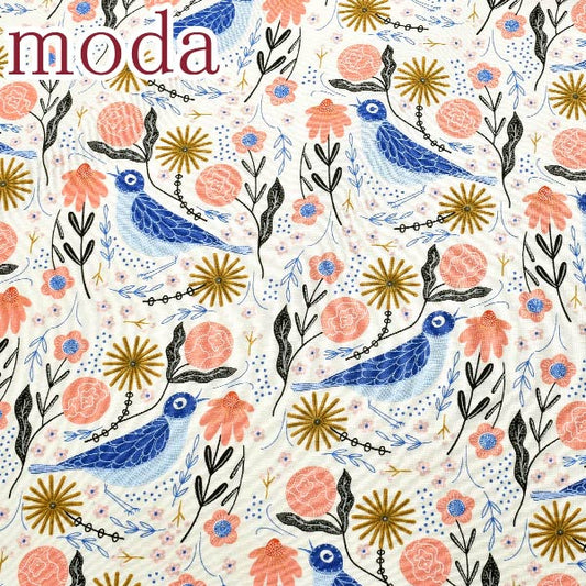 ModaBirdsongハード・ソング揺れる花と小鳥の愛の歌11ブルー系10cm単位切り売りモダ48352シーチング生地(270)「在庫限り」