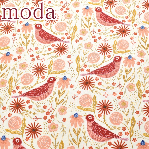 ModaBirdsongハード・ソング揺れる花と小鳥の愛の歌21レッド系10cm単位切り売りモダ48352シーチング生地(271)「在庫限り」