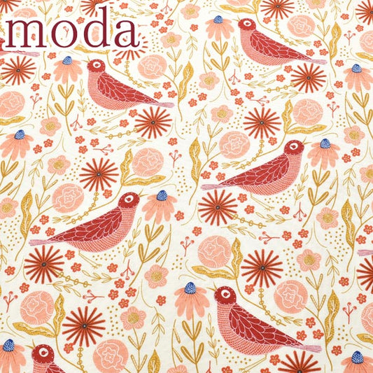 ModaBirdsongハード・ソング揺れる花と小鳥の愛の歌21レッド系10cm単位切り売りモダ48352シーチング生地(271)「在庫限り」