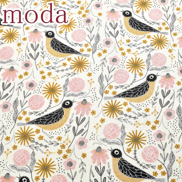 ModaBirdsongハード・ソング揺れる花と小鳥の愛の歌31ブラック系10cm単位切り売りモダ48352シーチング生地(270)「在庫限り」
