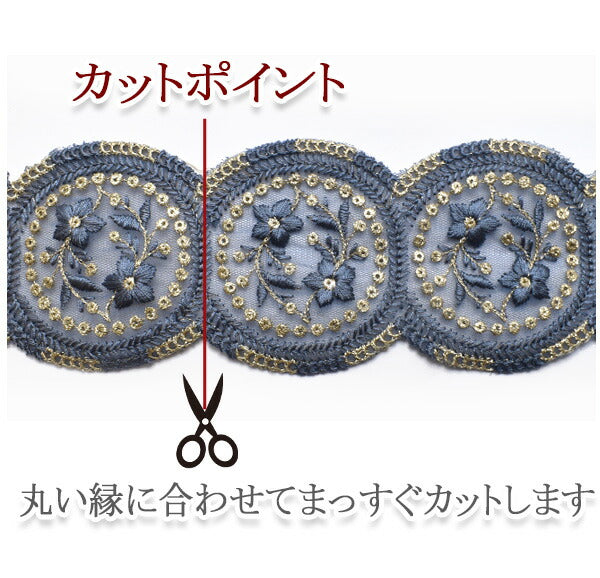 インド刺繍リボンサークル縁取りモチーフと小花のメッシュ刺繍リボン幅80mm約13cm単位(丸縁サークル数2個)切り売り「在庫限り」