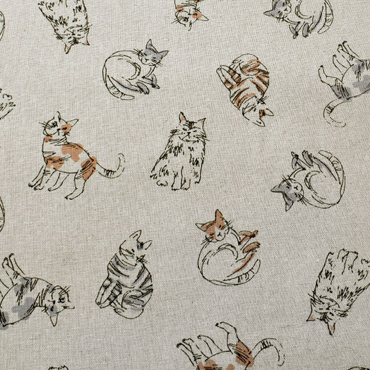 のんびり猫スケッチAキナリ系10cm単位切り売り綿麻キャンバス生地菱栄H-7089-2(271)「在庫限り」