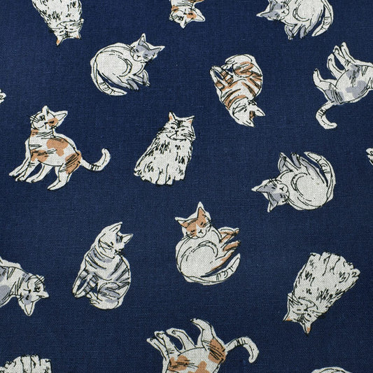 のんびり猫スケッチEネイビー系10cm単位切り売り綿麻キャンバス生地菱栄H-7089-2(97)「在庫限り」
