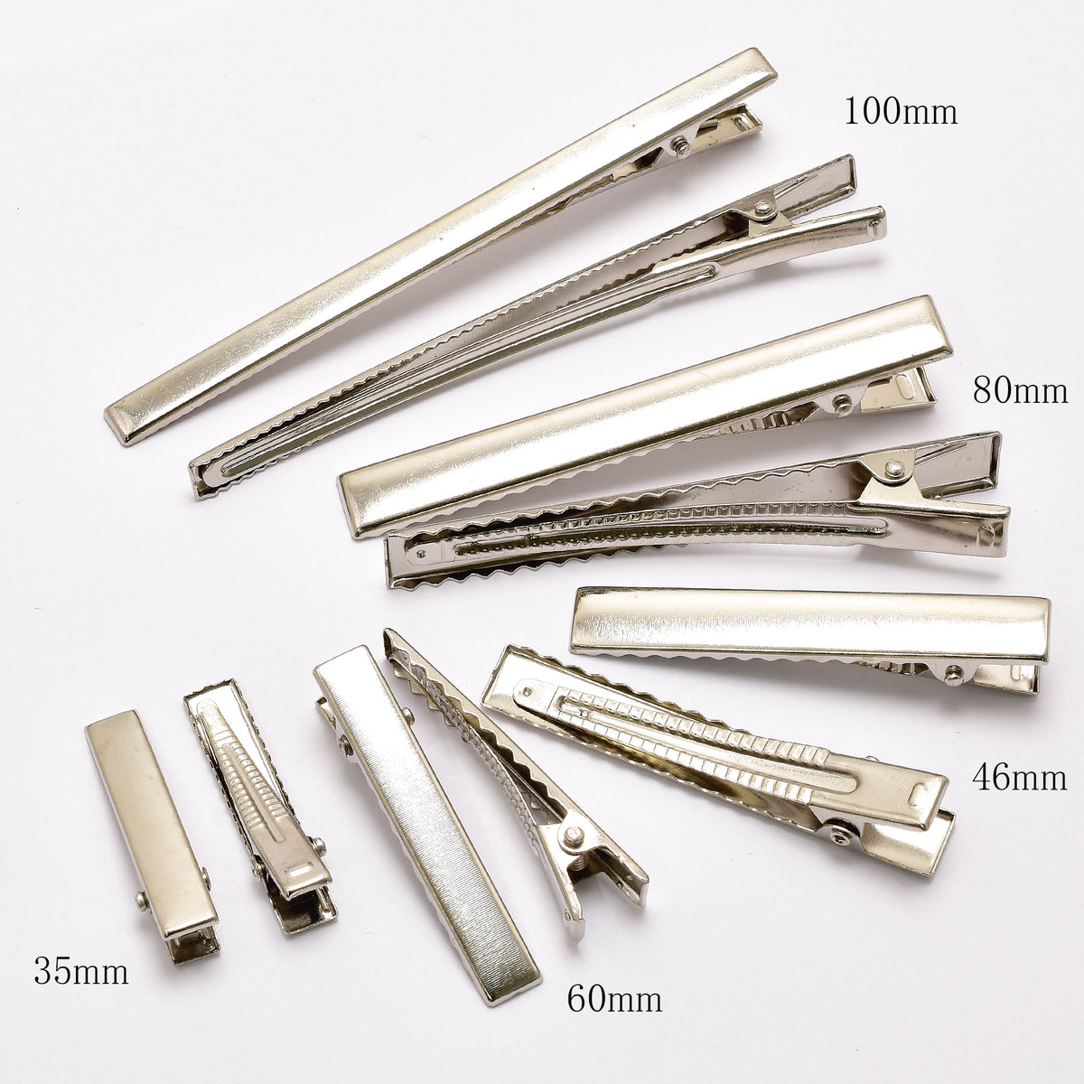 やっとこピン四角フラットシルバーヘアクリップ10個「35mm／46mm／60mm／80mm／100mm個別価格」
