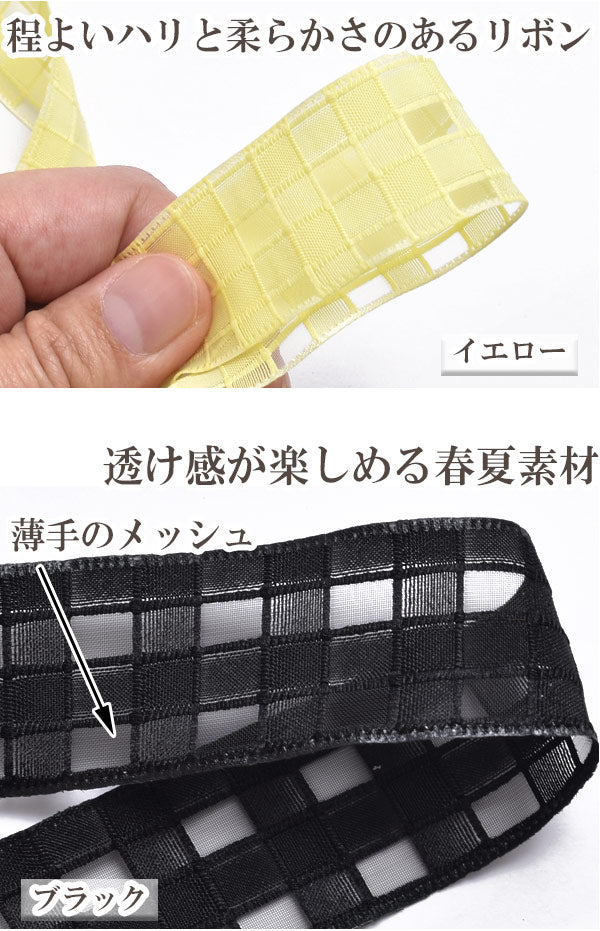 シースルーなブロックチェックのメッシュリボン幅25mm1m単位切り売り(2m以上)