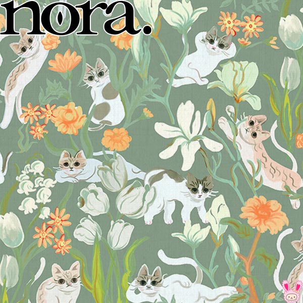 花やぐ猫と花園Bグリーン系シーチング生地10cm単位切り売りST1148ノラNORA.(257)「在庫限り」
