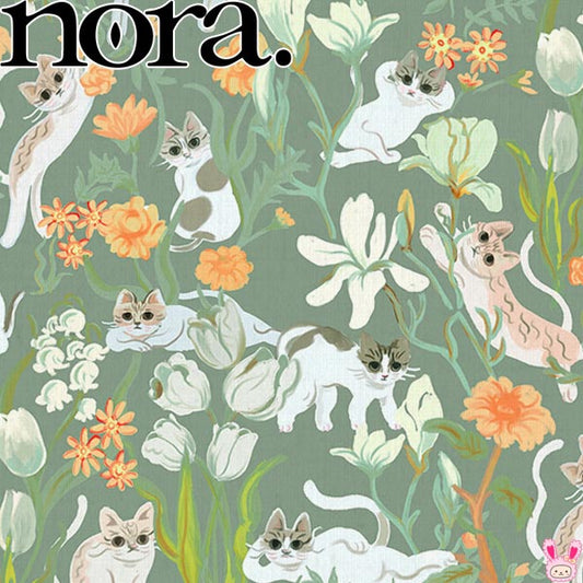 花やぐ猫と花園Bグリーン系シーチング生地10cm単位切り売りST1148ノラNORA.(257)「在庫限り」