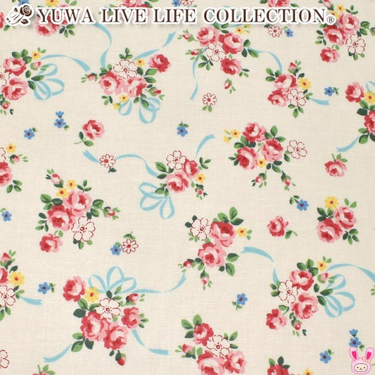 YUWA有輪商店リボンと薔薇の花束Aホワイト10cm単位切り売りシャーティング生地AT826761(270)(20cm以上)