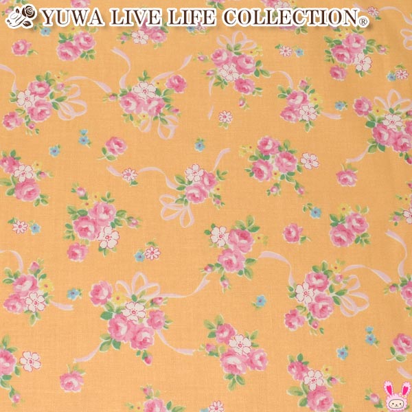 YUWA有輪商店リボンと薔薇の花束Cオレンジ系10cm単位切り売りシャーティング生地AT826761(234)「在庫限り」