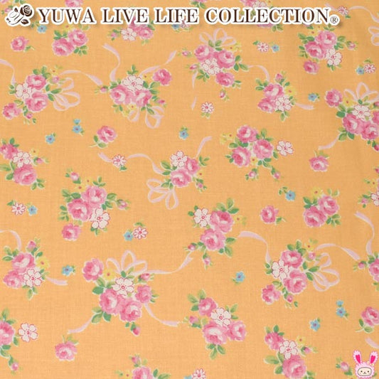 YUWA有輪商店リボンと薔薇の花束Cオレンジ系10cm単位切り売りシャーティング生地AT826761(234)「在庫限り」