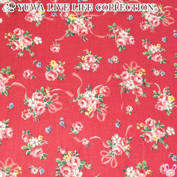 YUWA有輪商店リボンと薔薇の花束Eレッド系10cm単位切り売りシャーティング生地AT826761(213)(20cm以上)