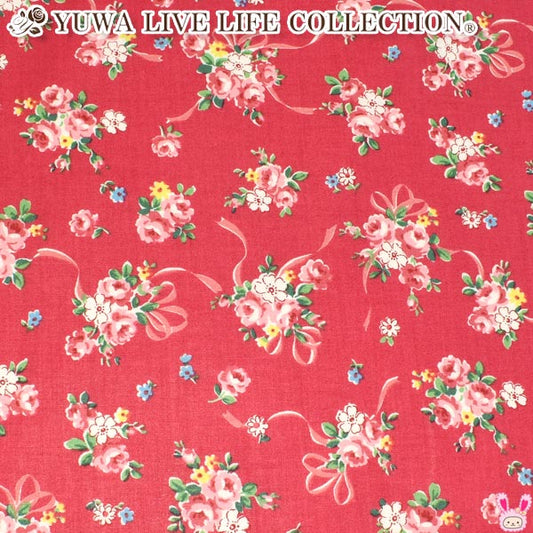 YUWA有輪商店リボンと薔薇の花束Eレッド系10cm単位切り売りシャーティング生地AT826761(213)(20cm以上)