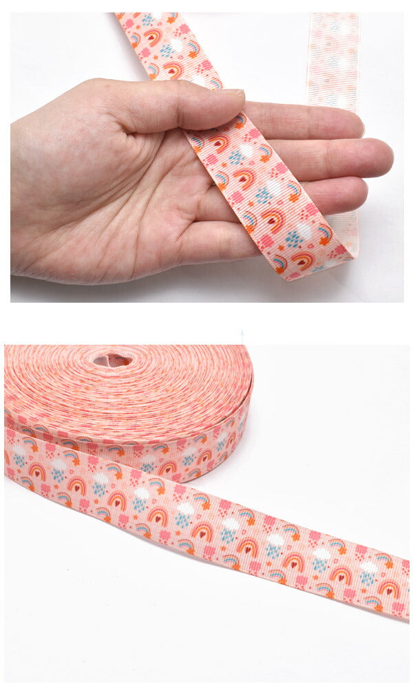 25mmプリントリボン虹とハートのピンクリボン2m「在庫限り」
