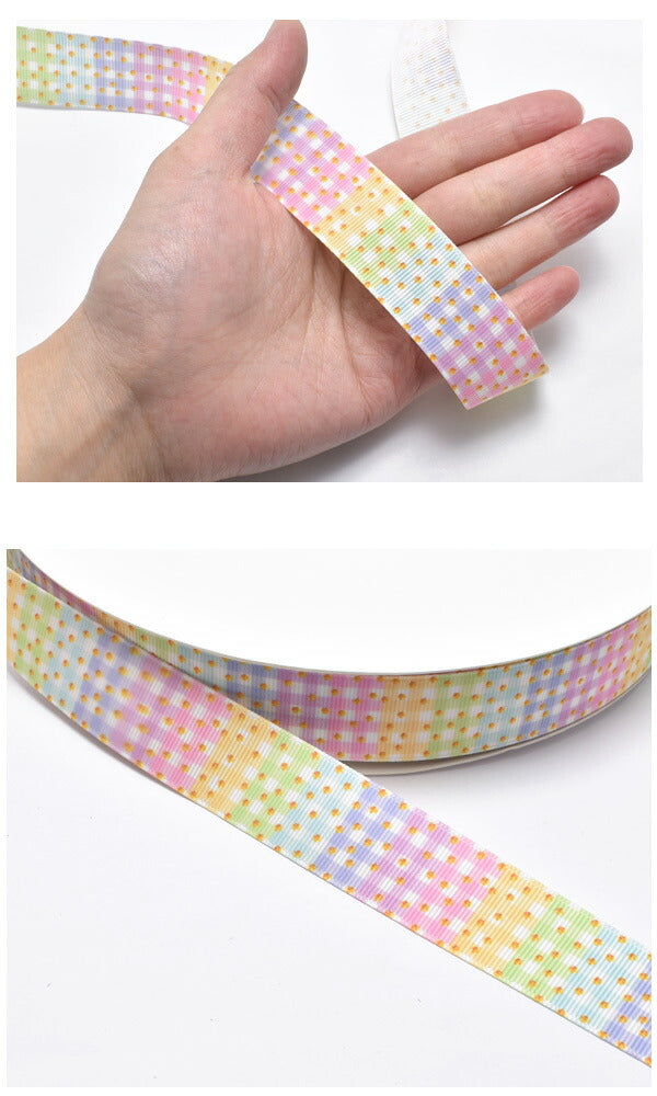 25mmプリントリボン春色パステルチェックリボン2m「在庫限り」