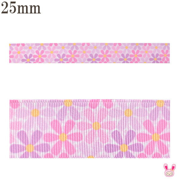 25mmプリントリボンピンクとラベンダーの花柄リボン2m