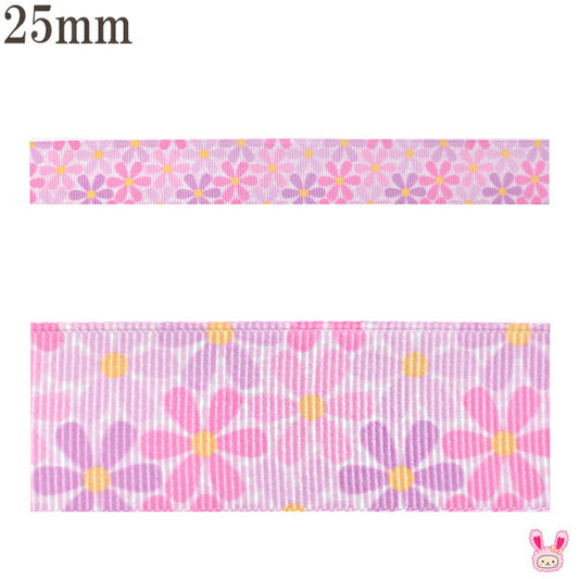25mmプリントリボンピンクとラベンダーの花柄リボン2m