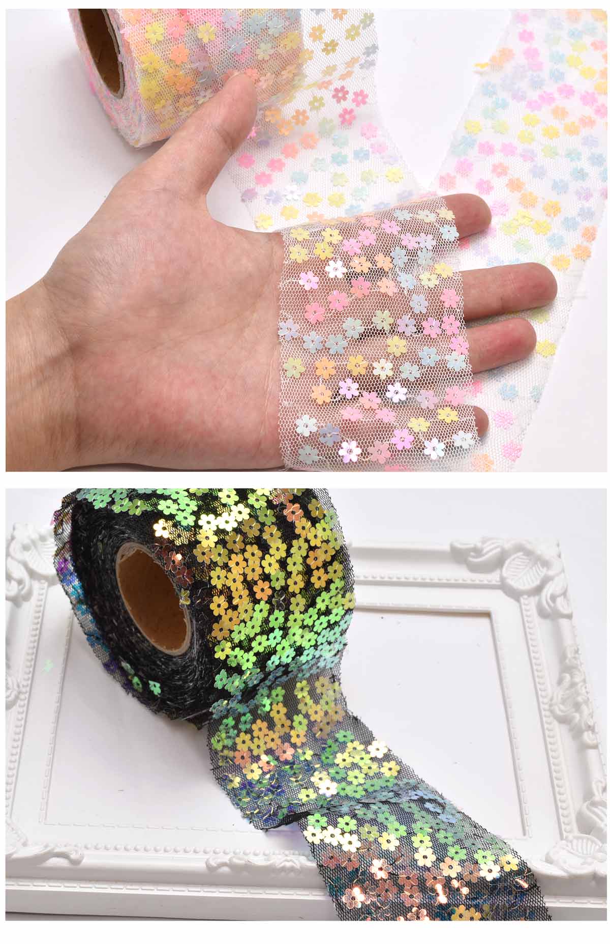 まとめてお買い得小花スパンコールとメッシュチュールリボン幅60mmロール巻き約9m「在庫限り」
