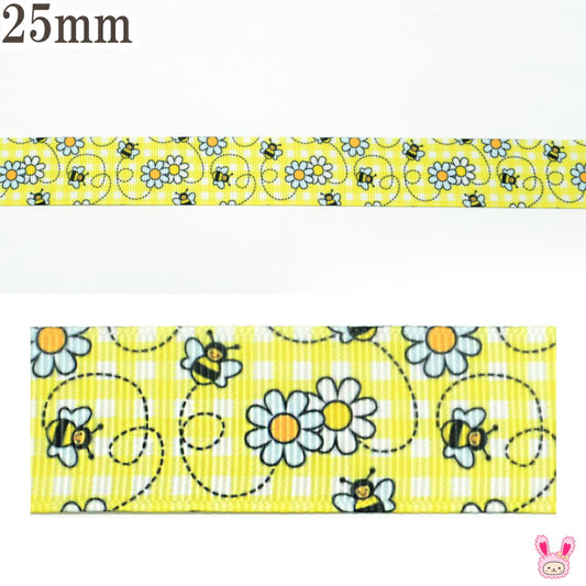 プリントリボンレモンチェックとちいさなミツバチリボン幅25mm2m★