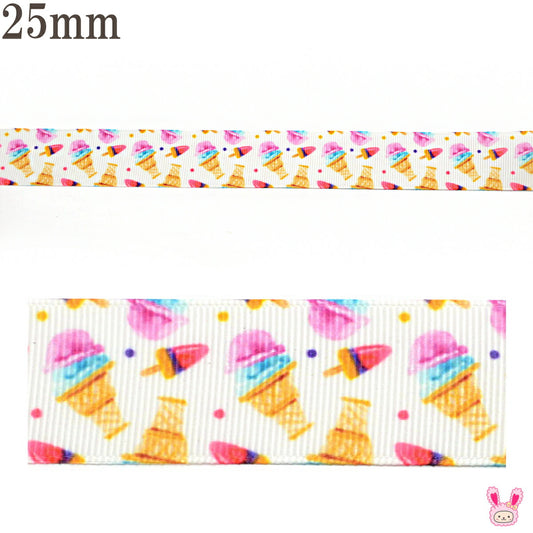 プリントリボンカラフルドットとアイスクリームリボン幅25mm2m「在庫限り」