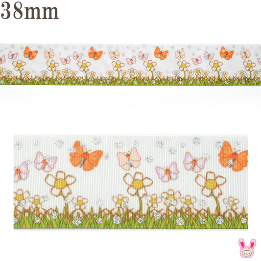 プリントリボンラメ付きメルヘンなお花とちょうちょリボン幅38mm2m「在庫限り」