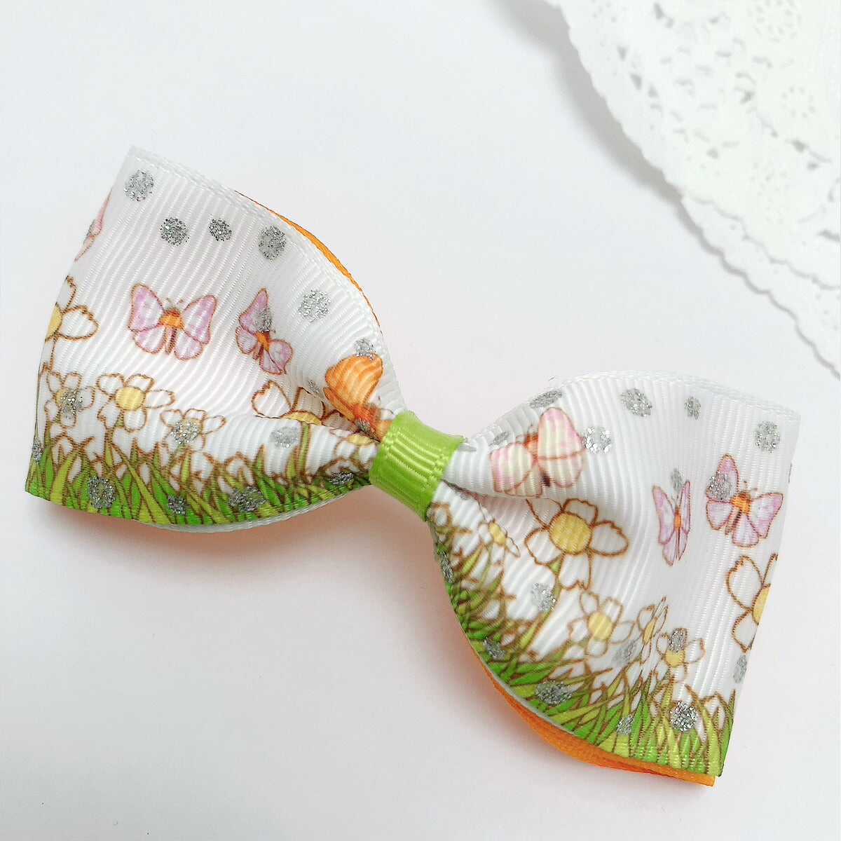 プリントリボンラメ付きメルヘンなお花とちょうちょリボン幅38mm2m「在庫限り」