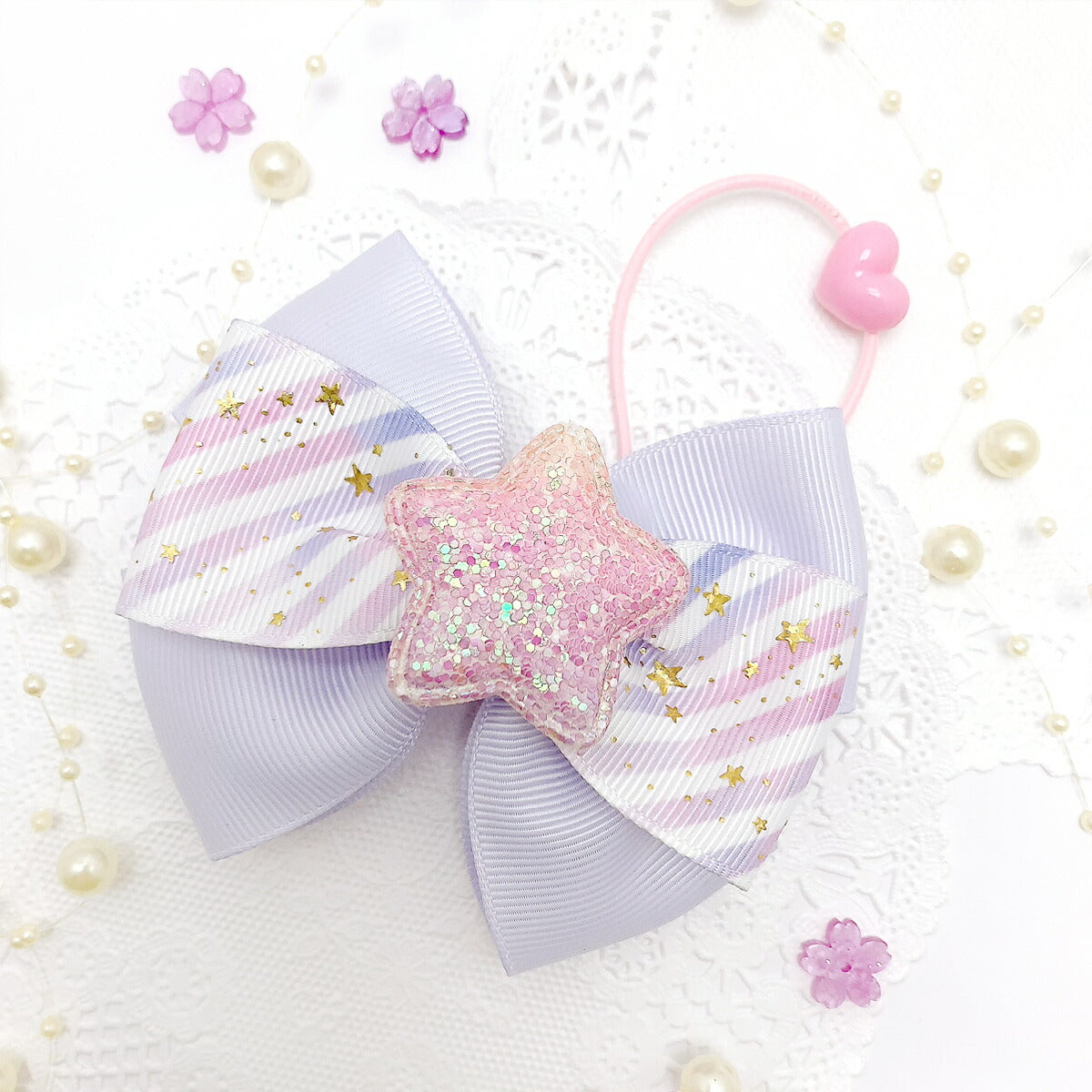 プリントリボン箔押しゴールドスターとゆめかわストライプリボン幅38mm1m単位切り売り(2m以上)