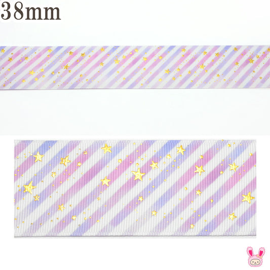 プリントリボン箔押しゴールドスターとゆめかわストライプリボン幅38mm1m単位切り売り(2m以上)