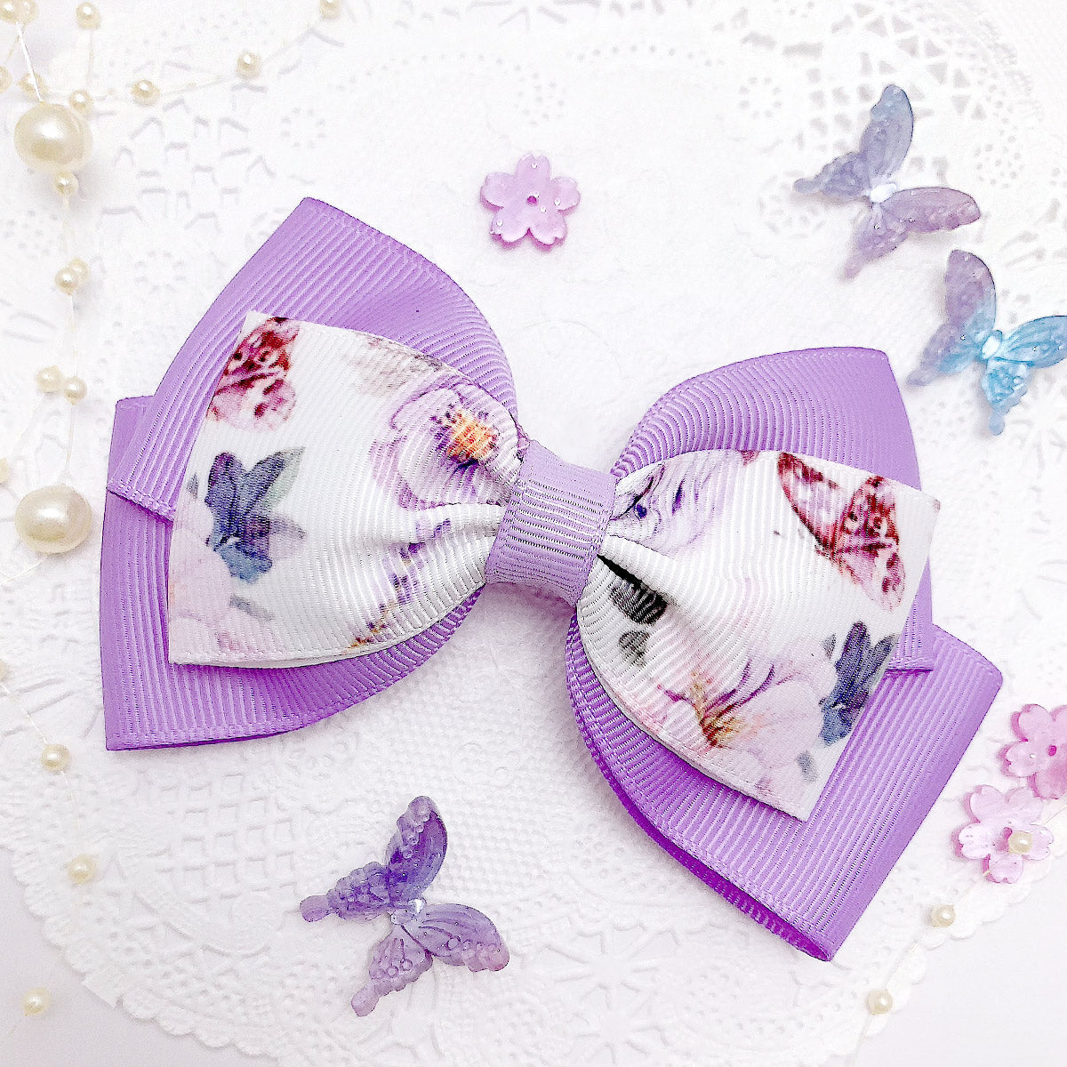 プリントリボン上品な紫の花と蝶々リボン幅38mm2m「在庫限り」