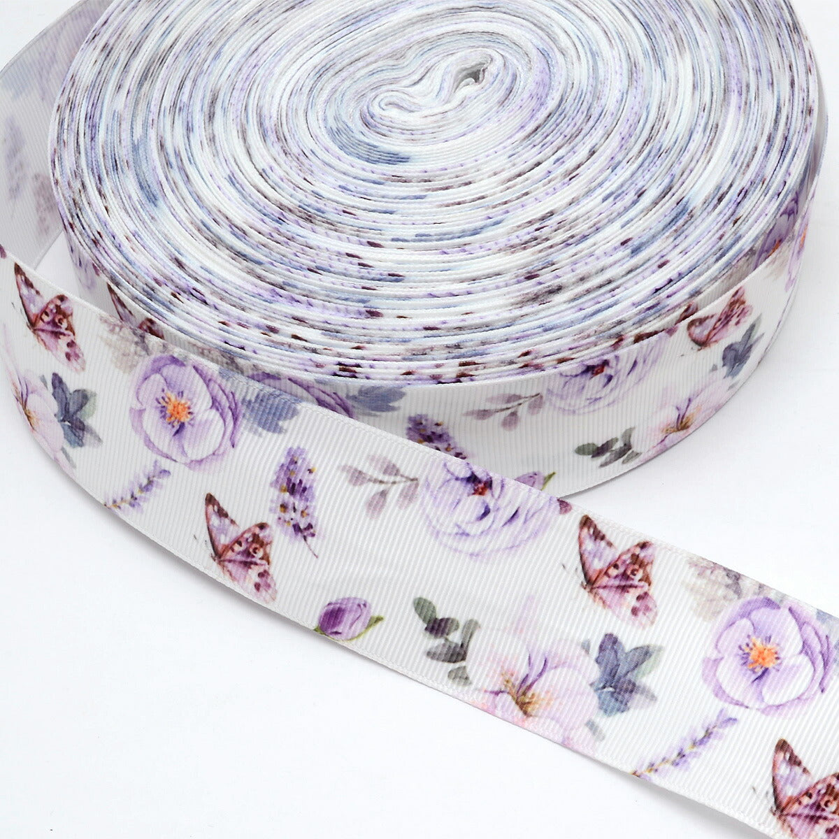 プリントリボン上品な紫の花と蝶々リボン幅38mm2m「在庫限り」
