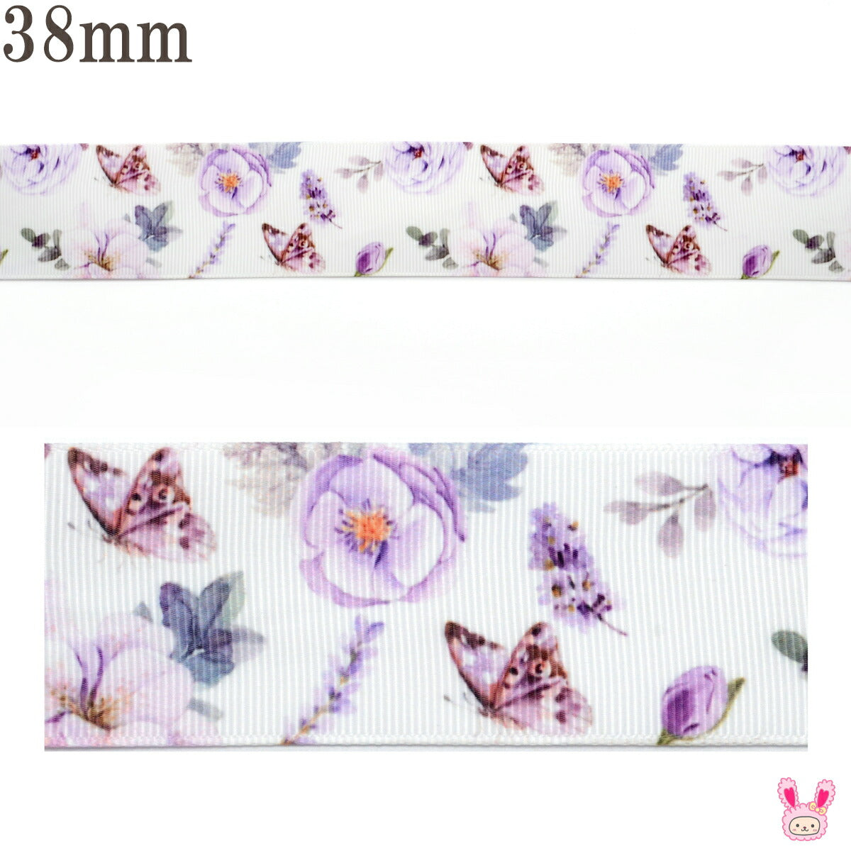 プリントリボン上品な紫の花と蝶々リボン幅38mm2m「在庫限り」
