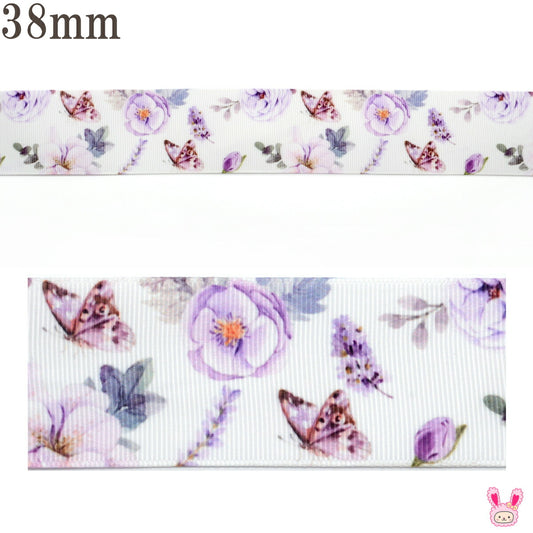 プリントリボン上品な紫の花と蝶々リボン幅38mm2m「在庫限り」