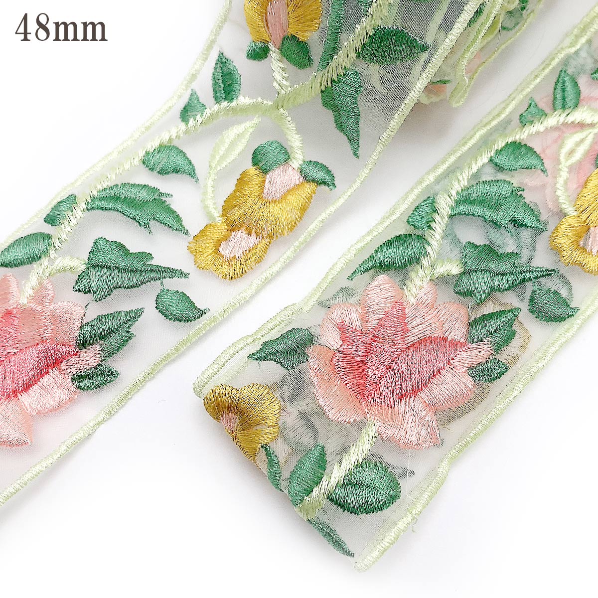 刺繍リボンピンクと黄色なウェーブ花柄刺繍リボン幅48mm10cm単位切り売り(50cm以上)「在庫限り」